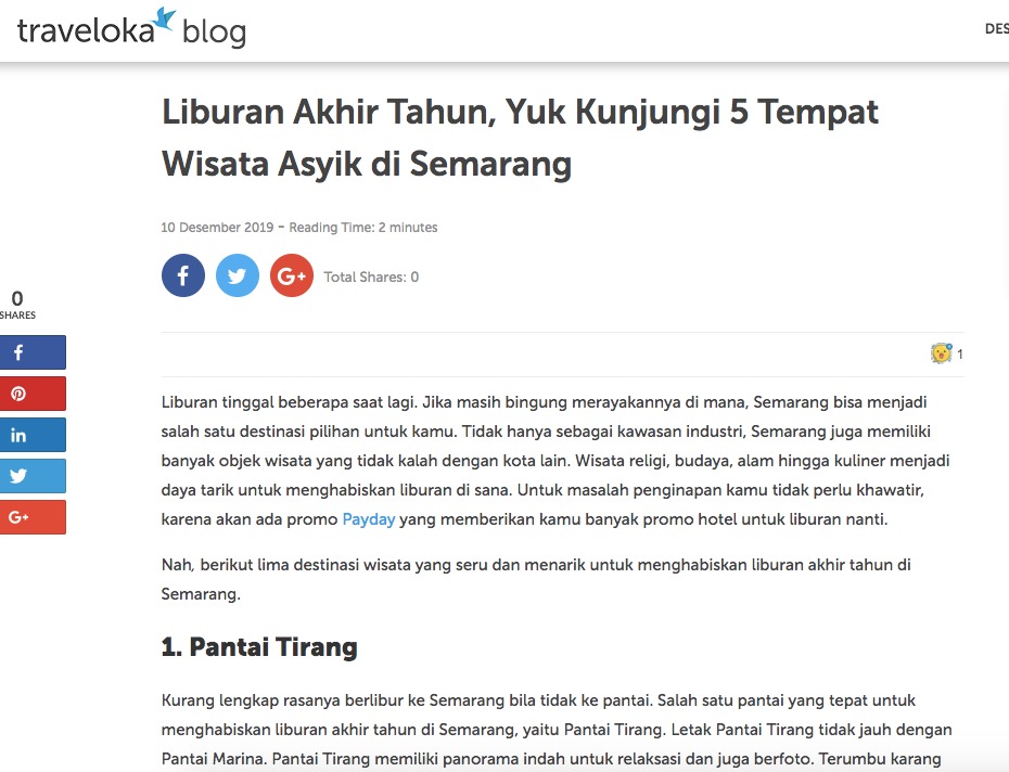 Contoh content marketing berbentuk artikel blog dari Traveloka.