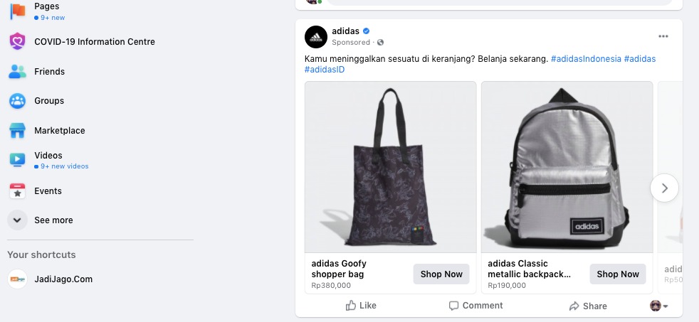 Contoh iklan Adidas di Facebook.