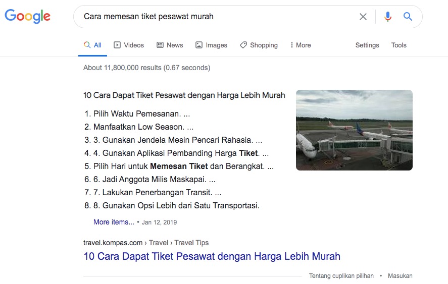 Contoh konten yang masuk page 1 dan rank 1 Google untuk kata kunci "Cara Memesan TIket Pesawat Murah".