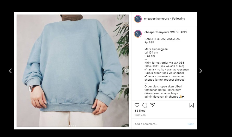 Salah satu toko thrift store online yang ada di Instagram.