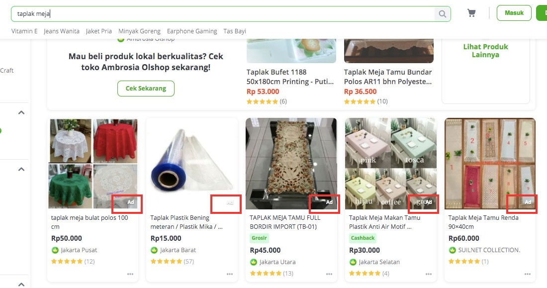 Contoh seller yang memasang ads di Tokopedia