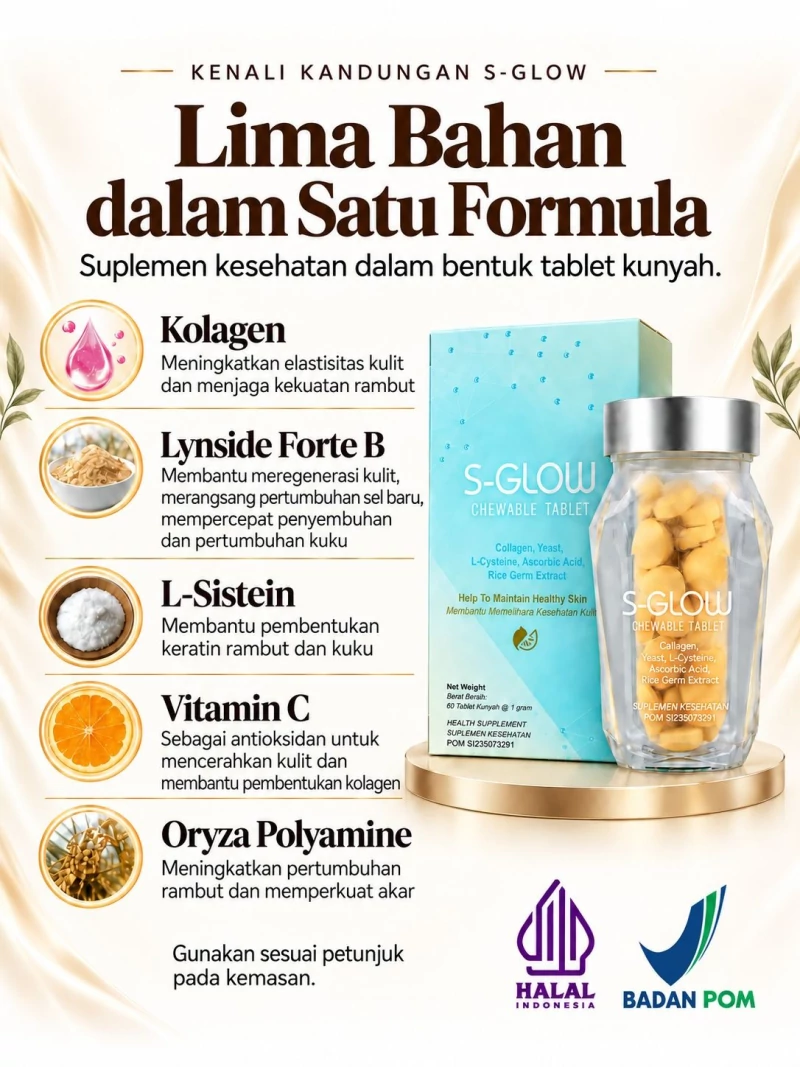 Botol dan kotak S-GLOW asli dari Healthy Bites, dikelilingi penjelasan lima bahan utamanya
